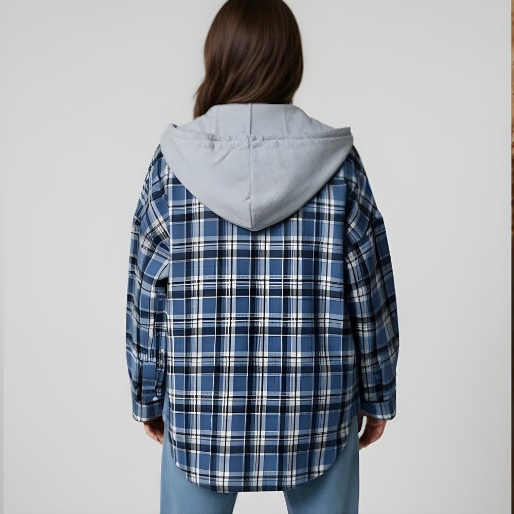 Blue Plaid Shacket with Drawstring Hoodie - Picture 3 of 7